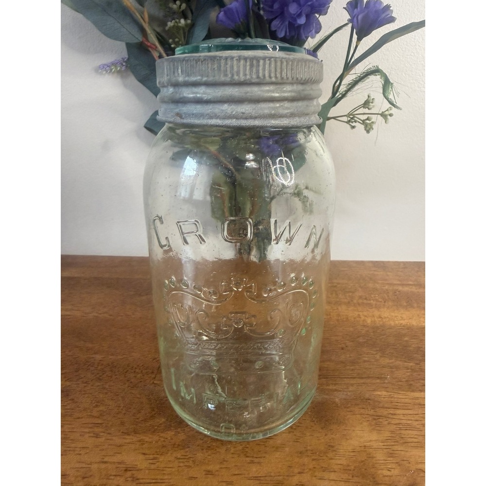Vintage Crown Mason Crown Seal Jar‎ Canada Teal Glass Lid Farmhouse Pantry Decor